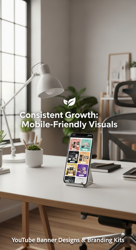 A clean home office with a phone displaying a cohesive thumbnail set overlay text Consistent Growth .jpg