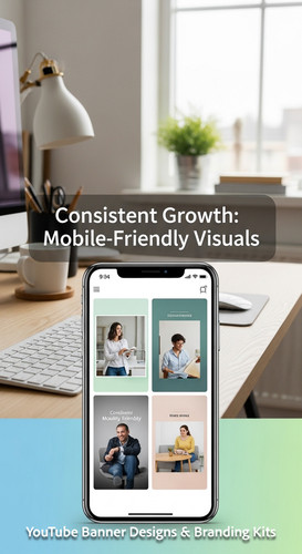 A clean home office with a phone displaying a cohesive thumbnail set overlay text Consistent Growth .jpg