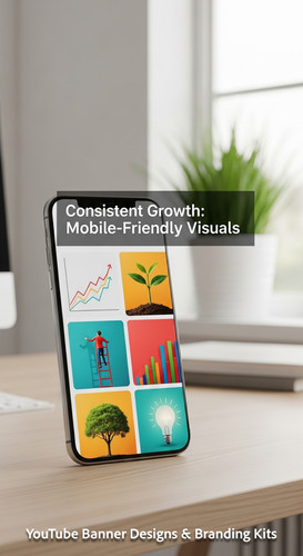A clean home office with a phone displaying a cohesive thumbnail set overlay text Consistent Growth .jpg