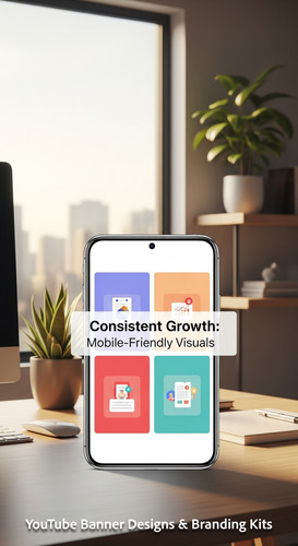 A clean home office with a phone displaying a cohesive thumbnail set overlay text Consistent Growth .jpg