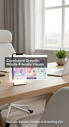 A clean home office with a phone displaying a cohesive thumbnail set overlay text Consistent Growth .jpg