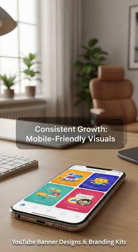 A clean home office with a phone displaying a cohesive thumbnail set overlay text Consistent Growth .jpg
