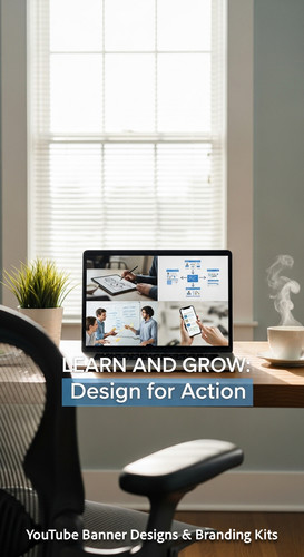 A bright home office with a laptop displaying an educational tutorial thumbnail set overlay text Lea.jpg