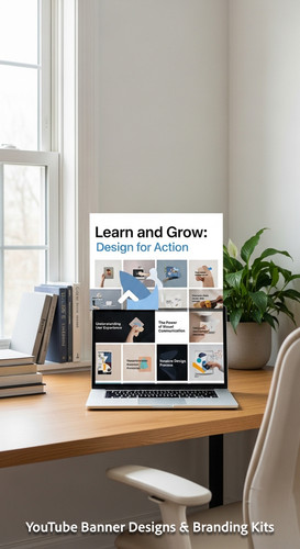 A bright home office with a laptop displaying an educational tutorial thumbnail set overlay text Lea.jpg