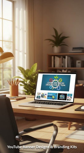 A bright home office with a laptop displaying an educational tutorial thumbnail set overlay text Lea.jpg