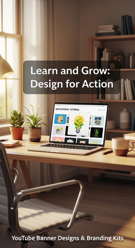 A bright home office with a laptop displaying an educational tutorial thumbnail set overlay text Lea.jpg