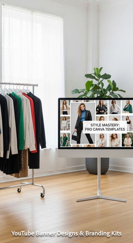 A bright studio with a clothes rack and a monitor showing a fashion lookbook banner overlay text Sty.jpg