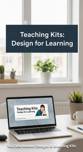 A bright home office with a laptop showing an educational channel banner overlay text Teaching Kits .jpg