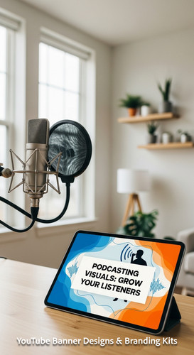 A bright home studio with a microphone and a tablet displaying a podcast thumbnail set overlay text .jpg
