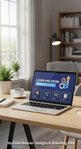 A bright home office with a laptop displaying an educational tutorial thumbnail set overlay text Lea.jpg