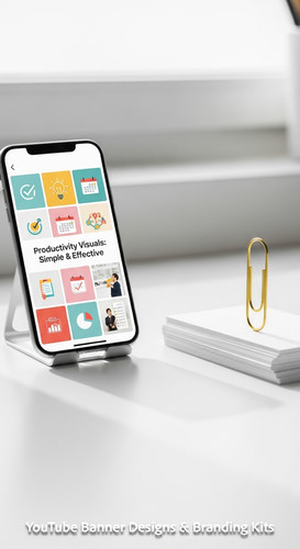 A clean desk with a gold paperclip and a phone showing a cohesive thumbnail set overlay text Product.jpg