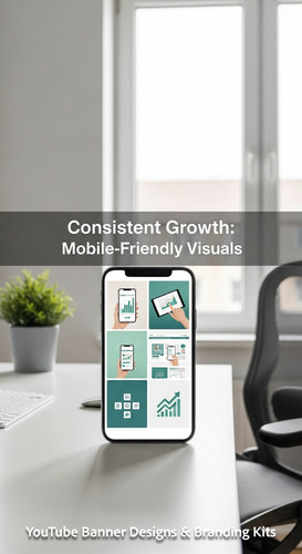 A clean home office with a phone displaying a cohesive thumbnail set overlay text Consistent Growth .jpg