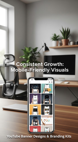 A clean home office with a phone displaying a cohesive thumbnail set overlay text Consistent Growth .jpg