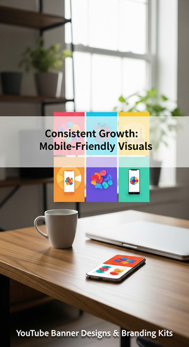 A clean home office with a phone displaying a cohesive thumbnail set overlay text Consistent Growth .jpg