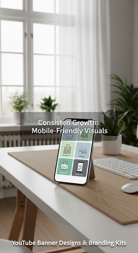 A clean home office with a phone displaying a cohesive thumbnail set overlay text Consistent Growth .jpg
