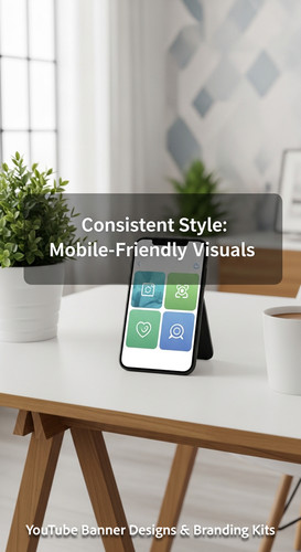 A clean home office with a phone displaying a cohesive thumbnail set overlay text Consistent Style M.jpg