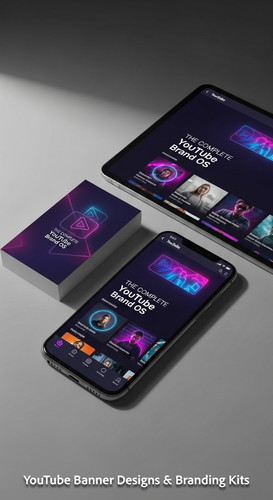 A cohesive brand presentation business card phone and a tablet all showing matching YouTube visuals .jpg