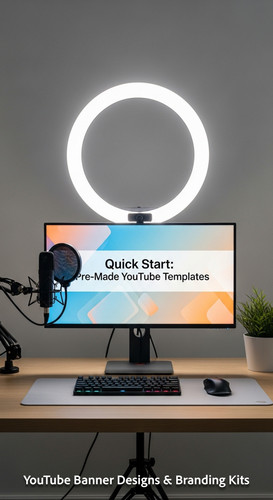 A clean studio desk with a ring light and a monitor displaying a generic placeholder banner overlay .jpg