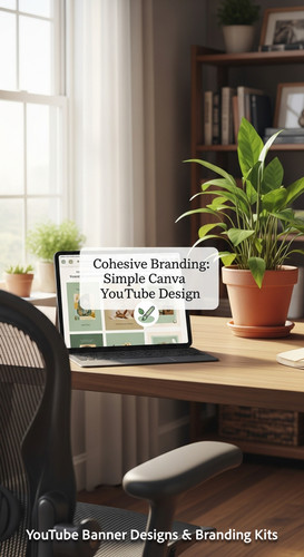 A cozy home office with a plant an iPad showing a wellness channel art mockup overlay text Cohesive .jpg