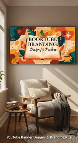 A cozy reading nook with a screen displaying a booktube channel art overlay text Booktube Branding D.jpg