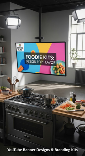 A bright studio with a cooking station and a monitor showing a food channel kit overlay text Foodie .jpg