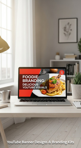 A bright studio with a laptop displaying a cooking channel banner overlay text Foodie Branding Delic.jpg