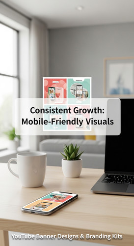A clean home office with a phone displaying a cohesive thumbnail set overlay text Consistent Growth .jpg