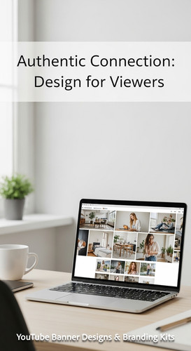 A clean home office with a laptop displaying a lifestyle thumbnail set overlay text Authentic Connec.jpg