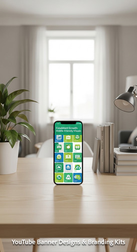 A clean home office with a phone displaying a cohesive thumbnail set overlay text Consistent Growth .jpg