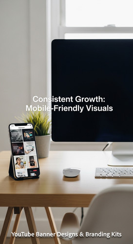 A clean home office with a phone displaying a cohesive thumbnail set overlay text Consistent Growth .jpg