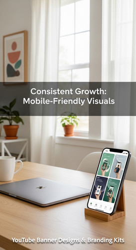 A clean home office with a phone displaying a cohesive thumbnail set overlay text Consistent Growth .jpg