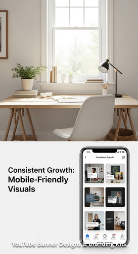 A clean home office with a phone displaying a cohesive thumbnail set overlay text Consistent Growth .jpg