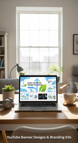 A bright home office with a laptop displaying an educational tutorial thumbnail set overlay text Lea.jpg