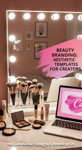 A beauty gurus vanity with makeup brushes and a screen showing a glamorous pink banner overlay text .jpg