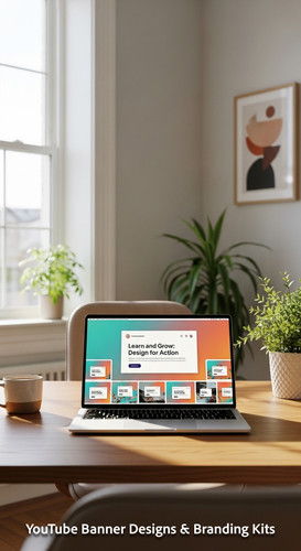 A bright home office with a laptop displaying an educational tutorial thumbnail set overlay text Lea.jpg