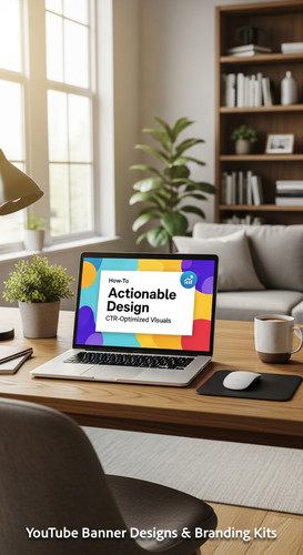 A bright home office with a laptop displaying a HowTo thumbnail template overlay text Actionable Des.jpg