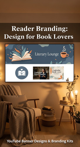 A cozy reading nook with a screen displaying a cohesive Booktube channel kit overlay text Reader Bra.jpg