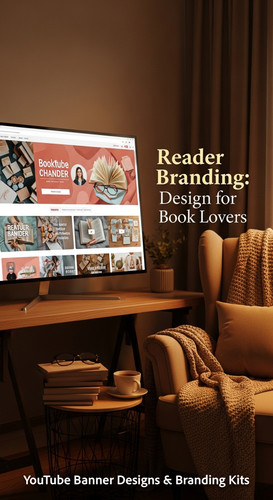 A cozy reading nook with a screen displaying a cohesive Booktube channel kit overlay text Reader Bra.jpg