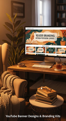 A cozy reading nook with a screen displaying a cohesive Booktube channel kit overlay text Reader Bra.jpg