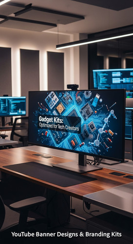 A hightech office with a monitor showing a gadget review thumbnail overlay text Gadget Kits Optimize.jpg