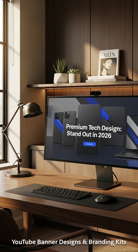 A highend home office with a wide monitor showing a cohesive tech channel kit overlay text Premium T.jpg