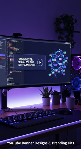 A hightech workspace with a monitor showing a coding tutorial thumbnail overlay text Coding Kits Des.jpg