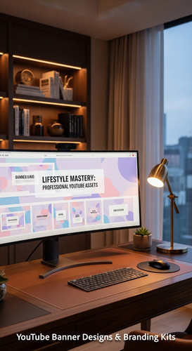 A highend home office with a wide monitor showing a cohesive lifestyle channel kit overlay text Life.jpg