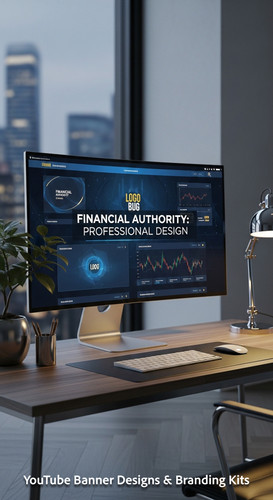 A highend workspace with a wide monitor showing a cohesive finance channel kit overlay text Financia.jpg