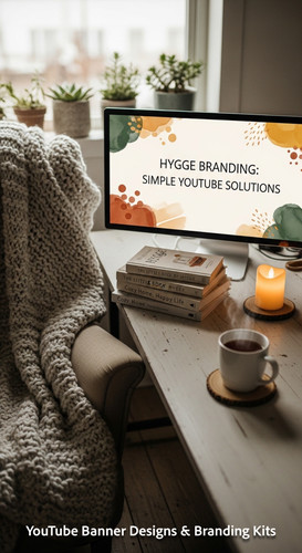 A cozy workspace with a blanket and a screen displaying a generic cozy banner overlay text Hygge Bra.jpg