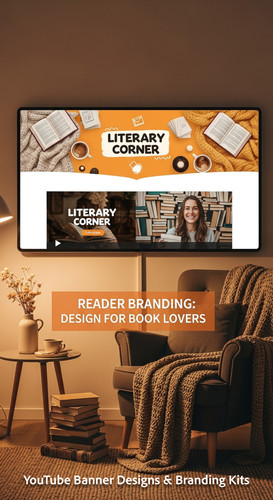 A cozy reading nook with a screen displaying a cohesive Booktube channel kit overlay text Reader Bra.jpg