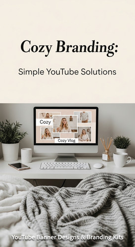 A cozy workspace with a blanket and a screen displaying a cozy vlog channel art overlay text Cozy Br.jpg