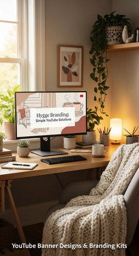 A cozy workspace with a blanket and a screen displaying a generic cozy banner overlay text Hygge Bra.jpg