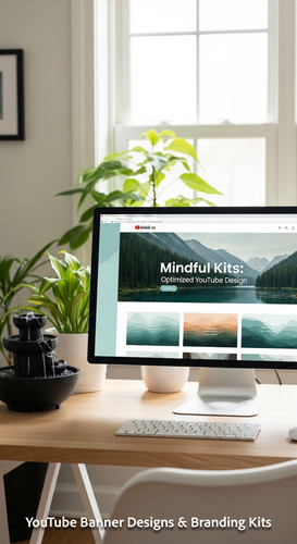 A serene workspace with a fountain and a monitor displaying a mindfulness channel kit overlay text M.jpg