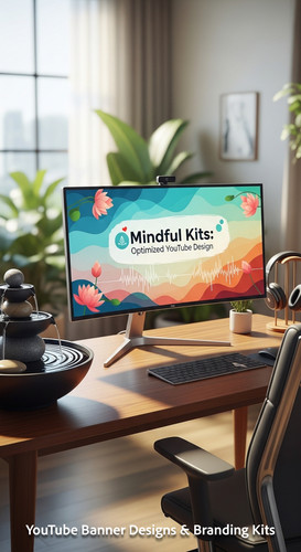 A serene workspace with a fountain and a monitor displaying a mindfulness channel kit overlay text M.jpg